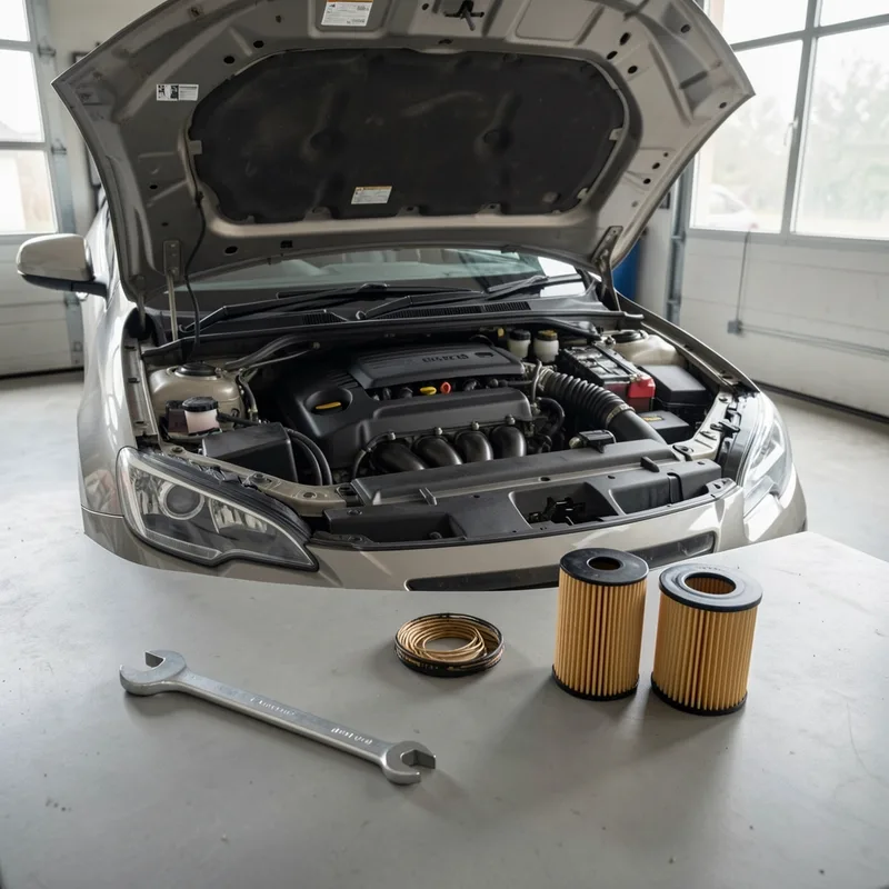 Mécanicien penché sur un moteur, jauge d'huile en main, dans un atelier d'entretien automobile